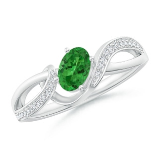6x4mm AAAA Oval Tsavorite Twisted Ribbon Ring with Pavé Diamonds in P950 Platinum