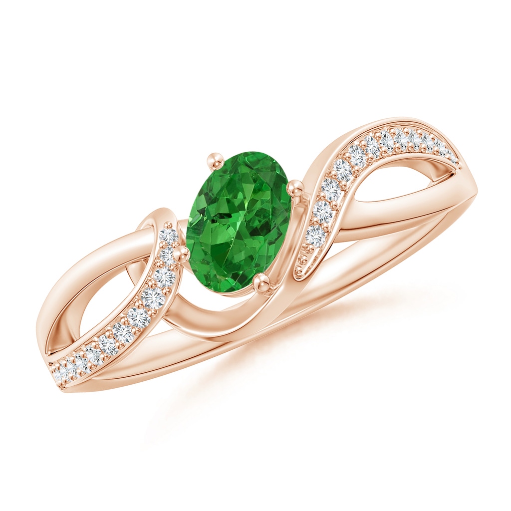 6x4mm AAAA Oval Tsavorite Twisted Ribbon Ring with Pavé Diamonds in Rose Gold