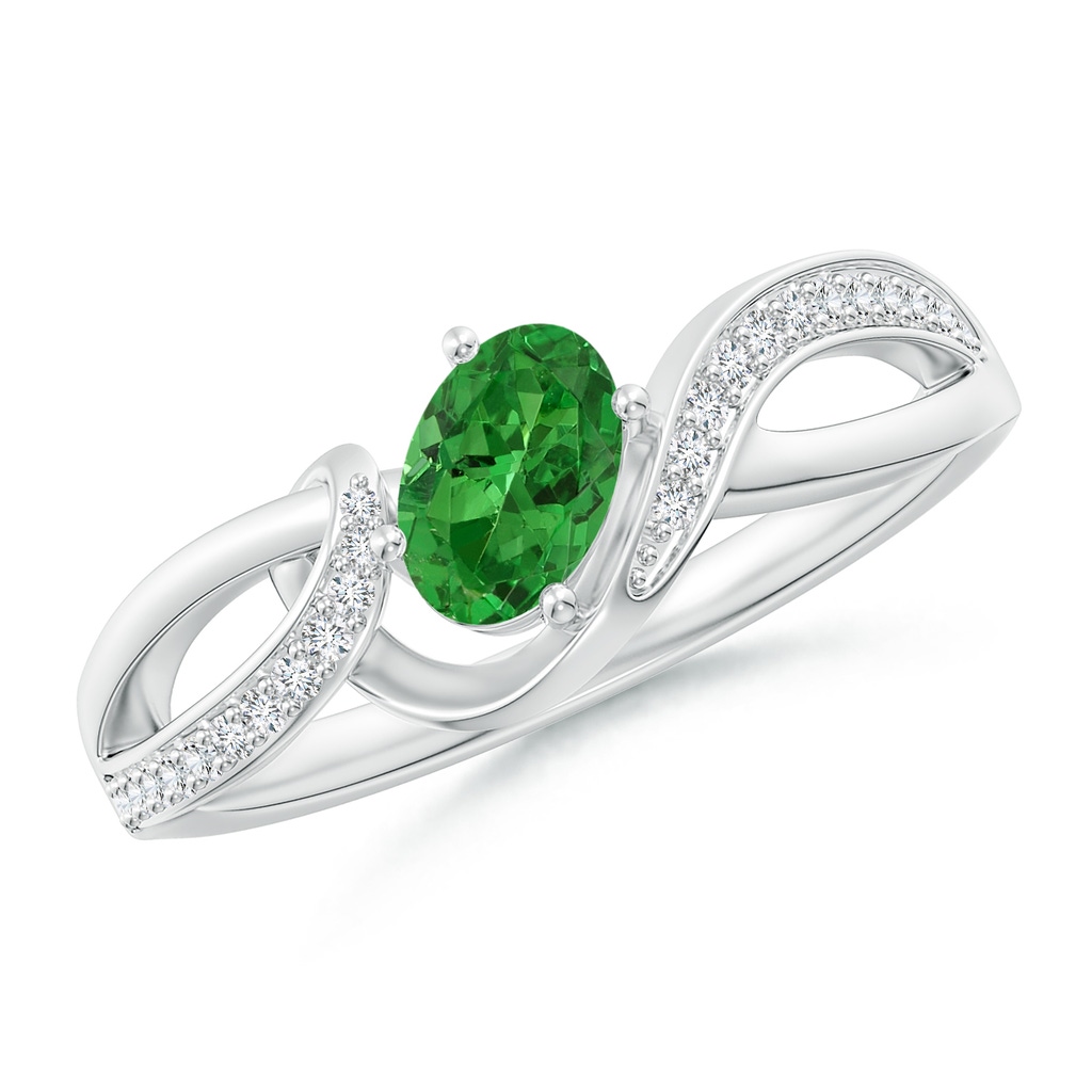 6x4mm AAAA Oval Tsavorite Twisted Ribbon Ring with Pavé Diamonds in White Gold