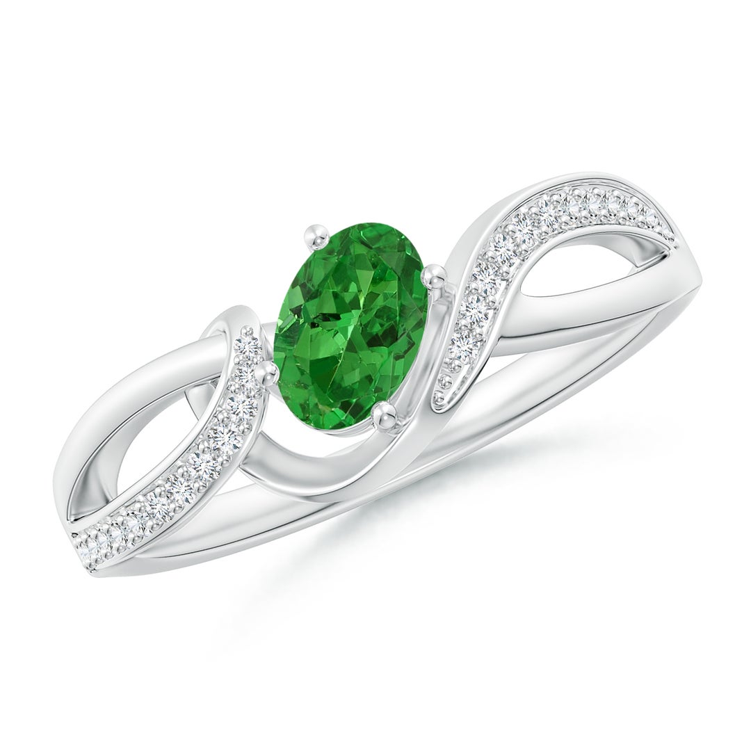 Diamond Rings With Ribbons Oval Tsavorite Twisted Ribbon Ring with Pave Diamonds