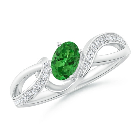 6x4mm AAAA Oval Tsavorite Twisted Ribbon Ring with Pavé Diamonds in White Gold