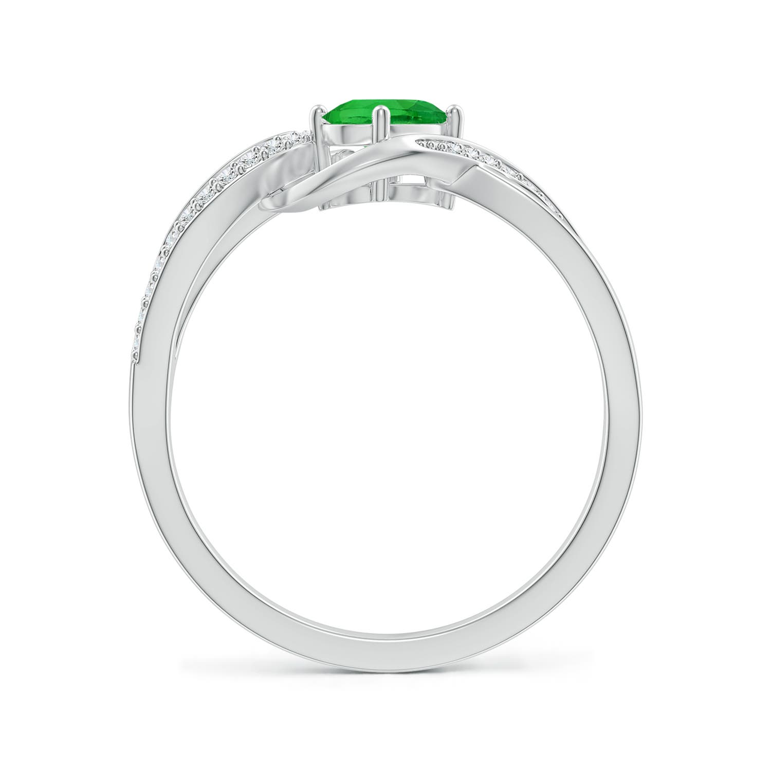 6x4mm AAAA Oval Tsavorite Twisted Ribbon Ring with Pavé Diamonds in White Gold - side 2