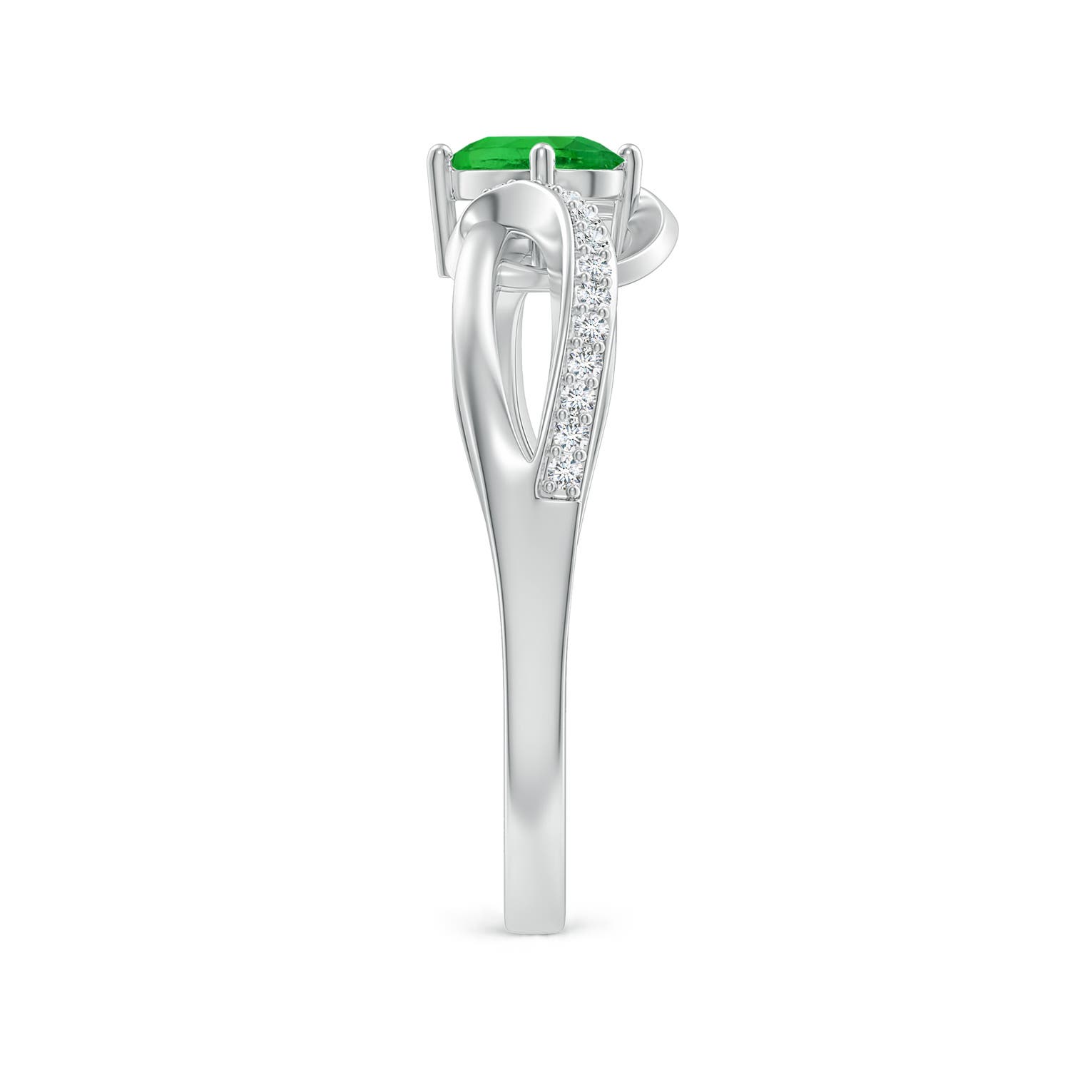 6x4mm AAAA Oval Tsavorite Twisted Ribbon Ring with Pavé Diamonds in White Gold - side 3