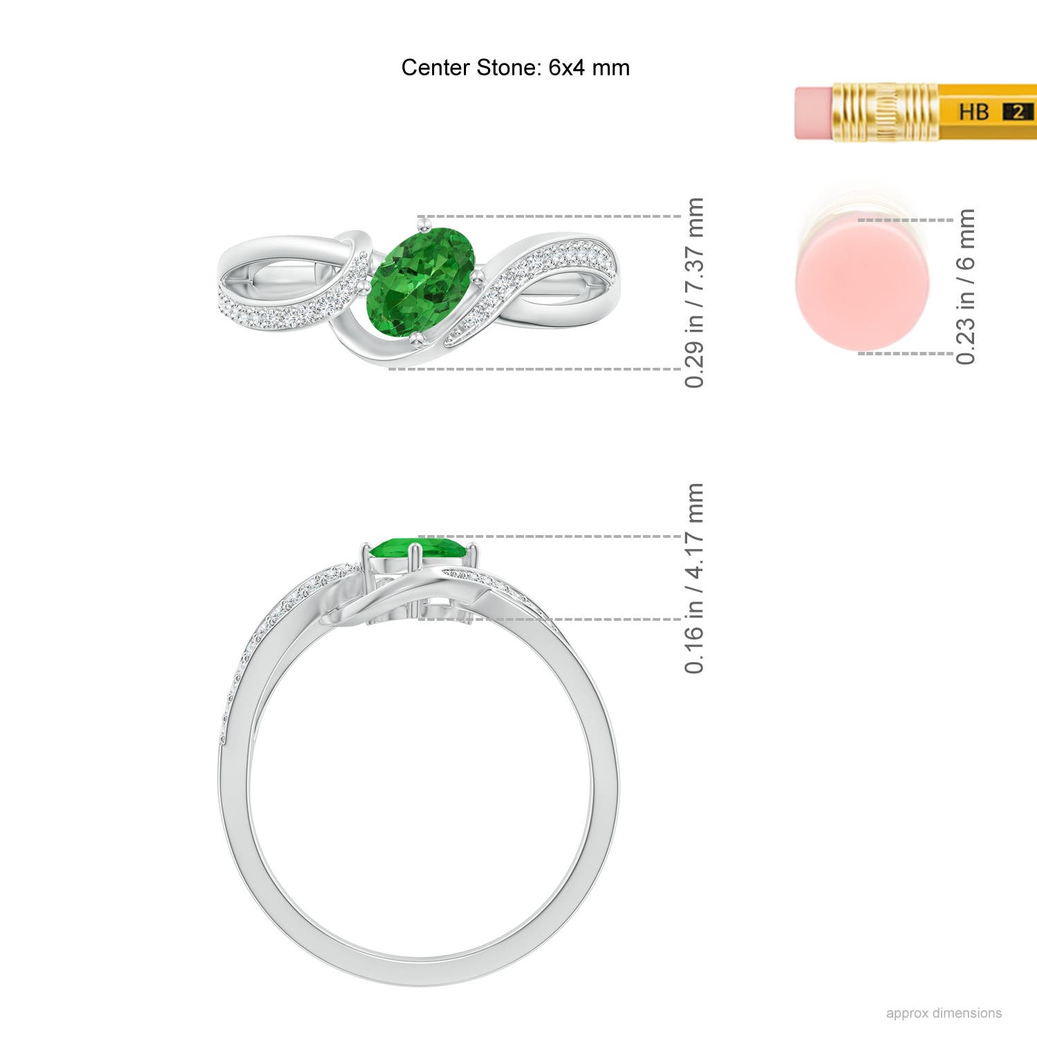 6x4mm AAAA Oval Tsavorite Twisted Ribbon Ring with Pavé Diamonds in White Gold - ruler