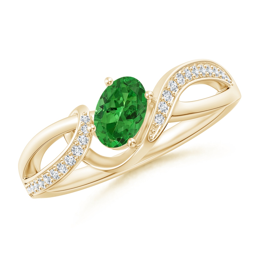 6x4mm AAAA Oval Tsavorite Twisted Ribbon Ring with Pavé Diamonds in Yellow Gold