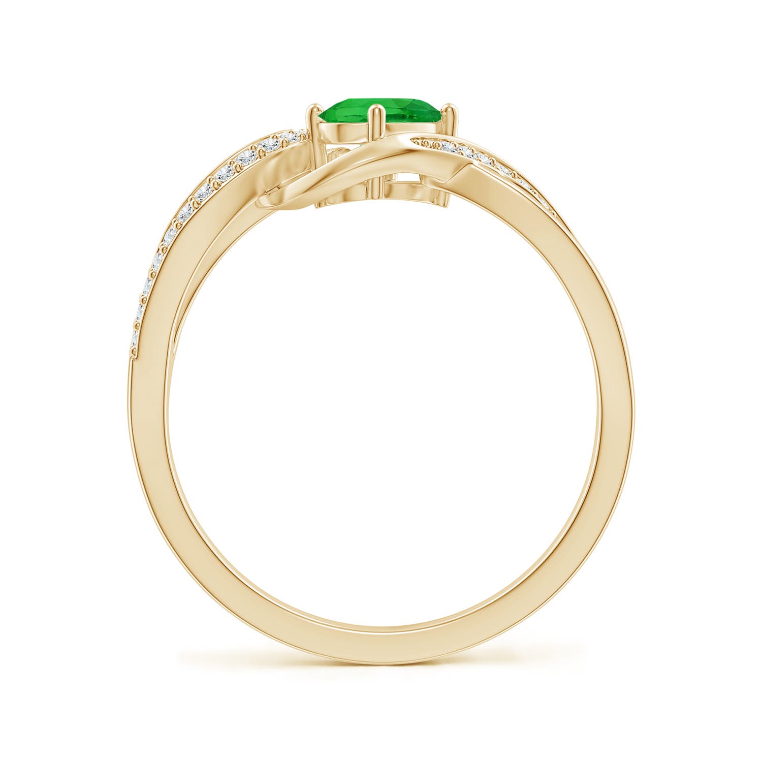 6x4mm AAAA Oval Tsavorite Twisted Ribbon Ring with Pavé Diamonds in Yellow Gold - side 2