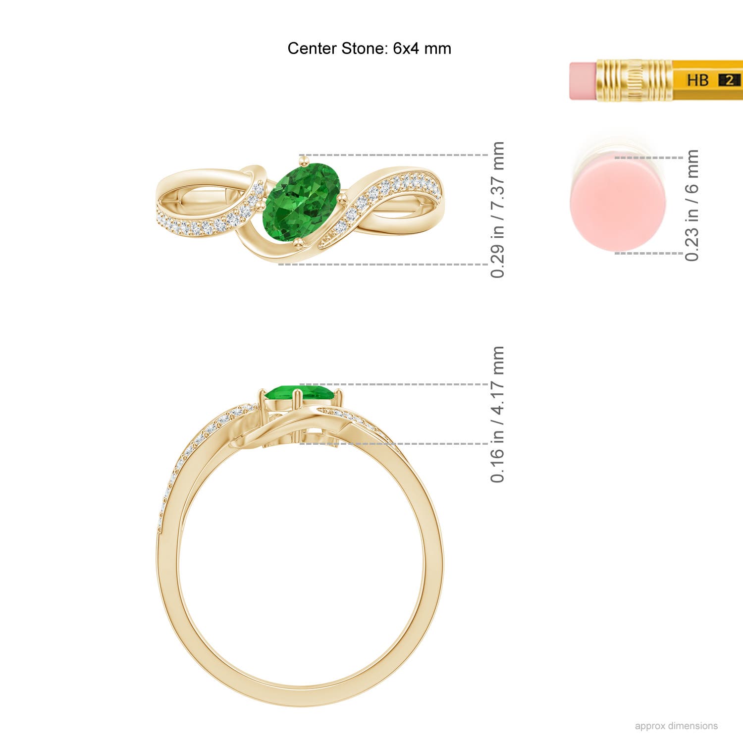 6x4mm AAAA Oval Tsavorite Twisted Ribbon Ring with Pavé Diamonds in Yellow Gold - ruler
