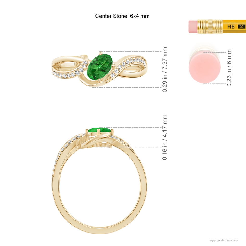 6x4mm AAAA Oval Tsavorite Twisted Ribbon Ring with Pavé Diamonds in Yellow Gold Ruler