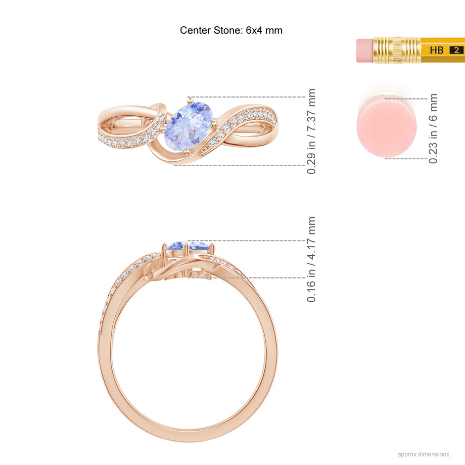6x4mm A Solitaire Oval Tanzanite Twisted Ribbon Ring with Pavé Diamond Accents in Rose Gold ruler
