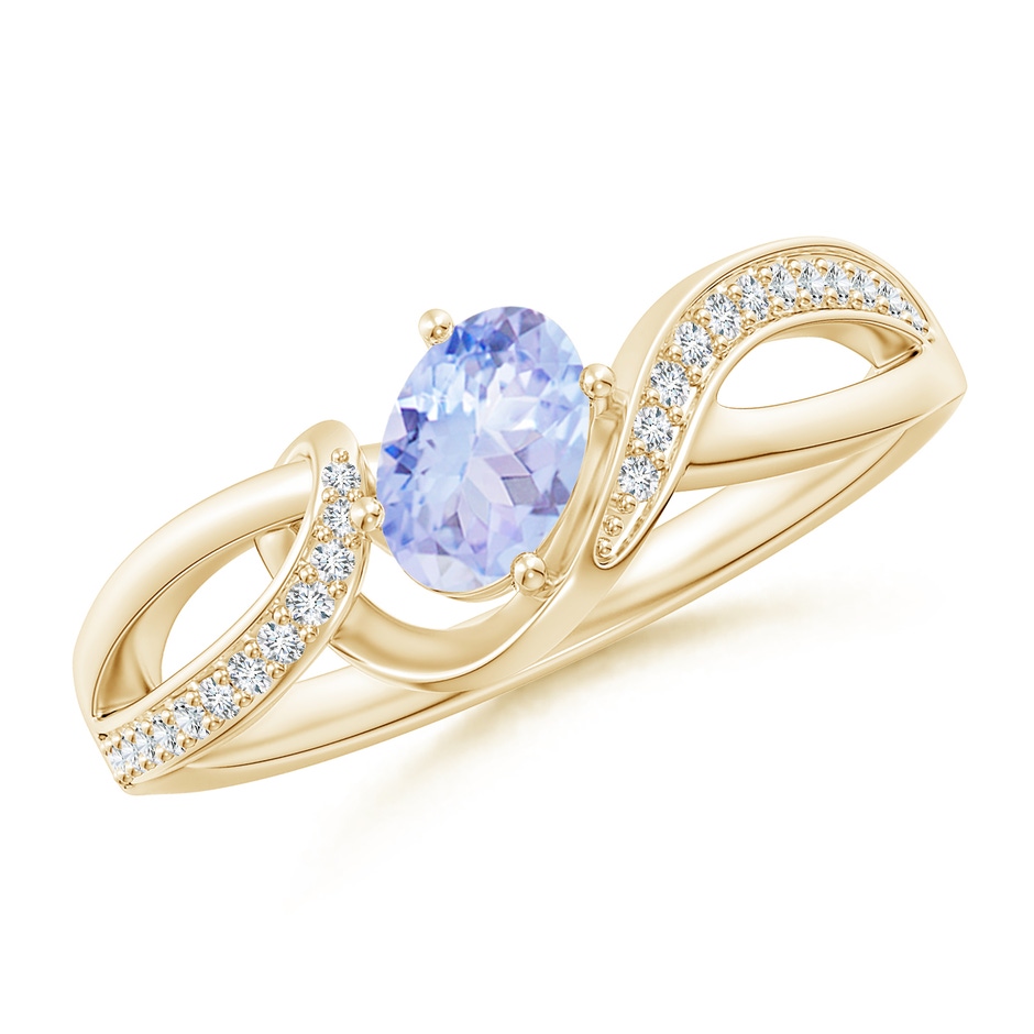 6x4mm A Solitaire Oval Tanzanite Twisted Ribbon Ring with Pavé Diamond Accents in Yellow Gold 