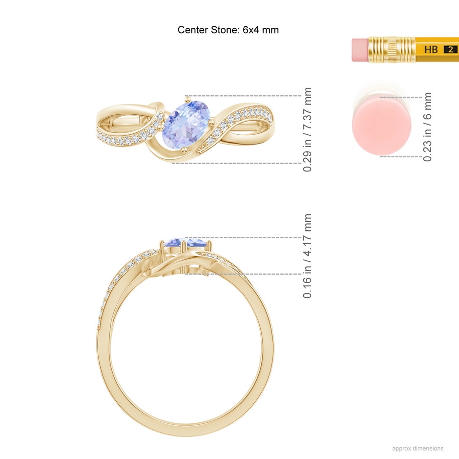 6x4mm A Solitaire Oval Tanzanite Twisted Ribbon Ring with Pavé Diamond Accents in Yellow Gold ruler