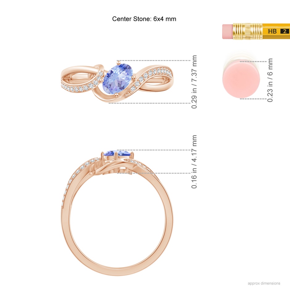 6x4mm AA Solitaire Oval Tanzanite Twisted Ribbon Ring with Pavé Diamond Accents in Rose Gold ruler