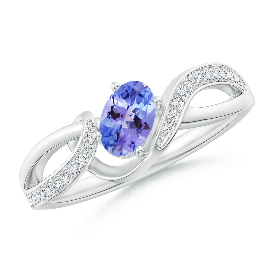 6x4mm AAA Solitaire Oval Tanzanite Twisted Ribbon Ring with Pavé Diamond Accents in 9K White Gold 