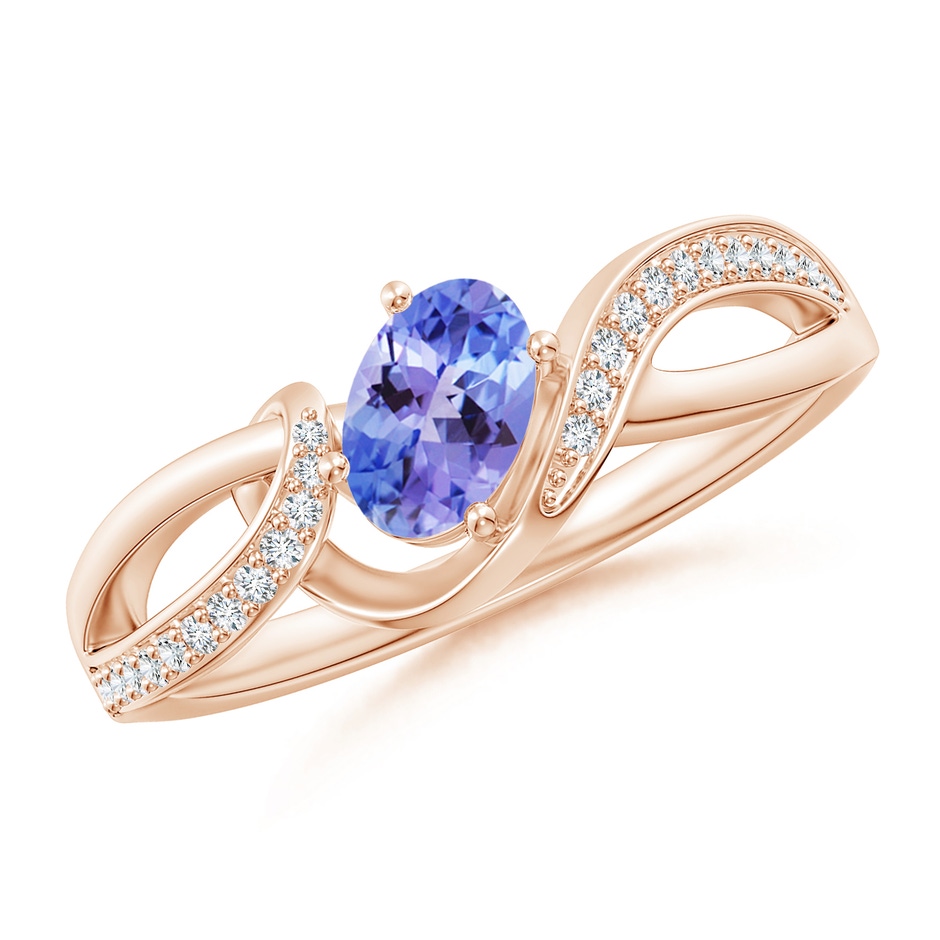 6x4mm AAA Solitaire Oval Tanzanite Twisted Ribbon Ring with Pavé Diamond Accents in Rose Gold 