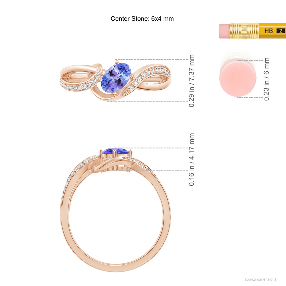 6x4mm AAA Solitaire Oval Tanzanite Twisted Ribbon Ring with Pavé Diamond Accents in Rose Gold ruler