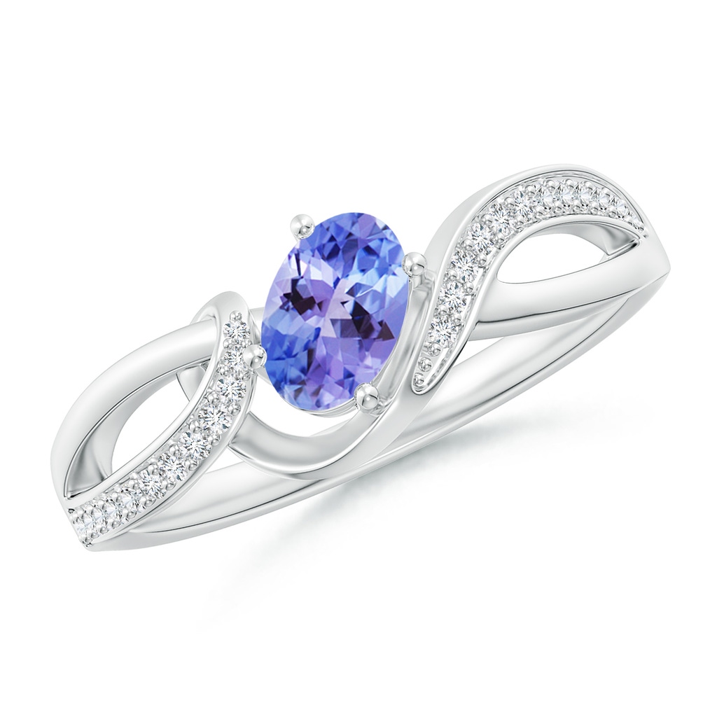 6x4mm AAA Solitaire Oval Tanzanite Twisted Ribbon Ring with Pavé Diamond Accents in White Gold