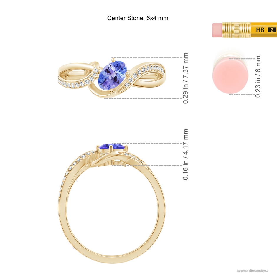 6x4mm AAA Solitaire Oval Tanzanite Twisted Ribbon Ring with Pavé Diamond Accents in Yellow Gold ruler