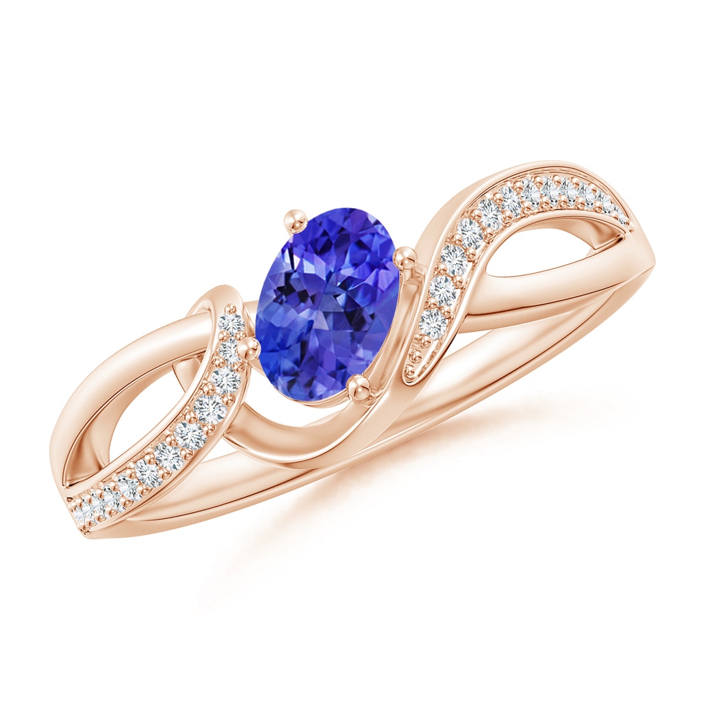6x4mm AAAA Solitaire Oval Tanzanite Twisted Ribbon Ring with Pavé Diamond Accents in Rose Gold