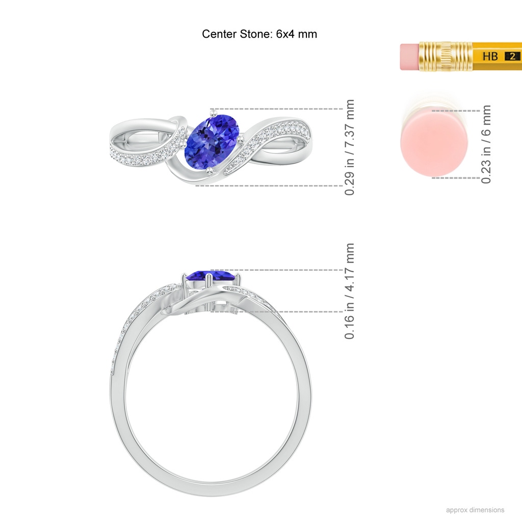 6x4mm AAAA Solitaire Oval Tanzanite Twisted Ribbon Ring with Pavé Diamond Accents in White Gold Ruler