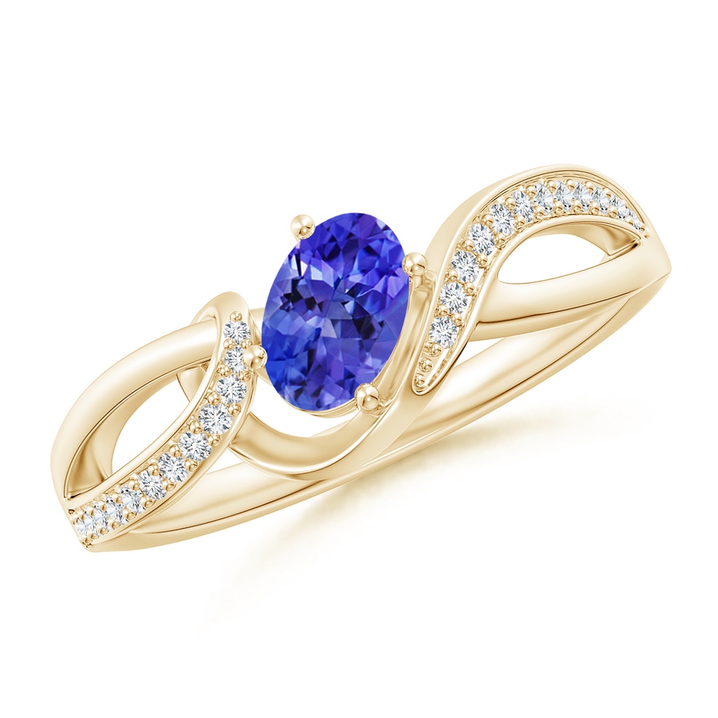 6x4mm AAAA Solitaire Oval Tanzanite Twisted Ribbon Ring with Pavé Diamond Accents in Yellow Gold