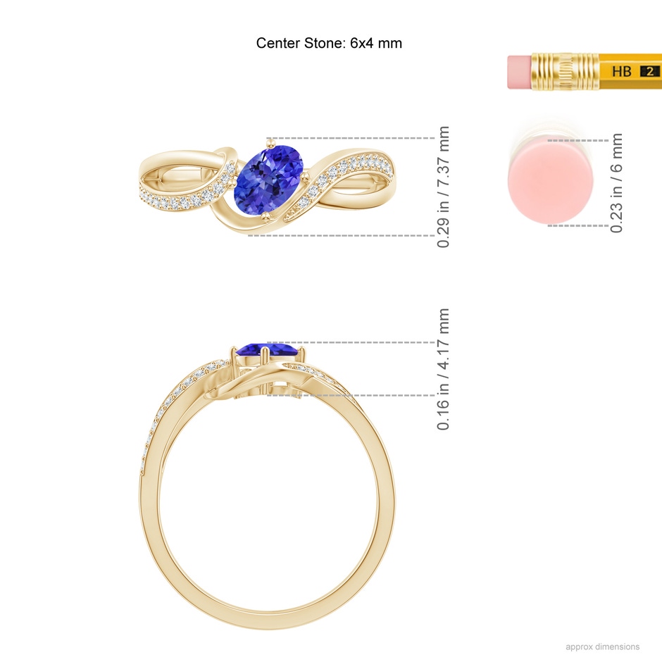 6x4mm AAAA Solitaire Oval Tanzanite Twisted Ribbon Ring with Pavé Diamond Accents in Yellow Gold ruler