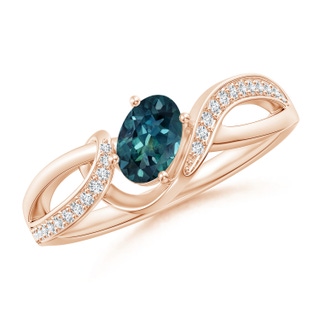 6x4mm AAA Oval Teal Montana Sapphire Twisted Ribbon Ring with Diamonds in Rose Gold