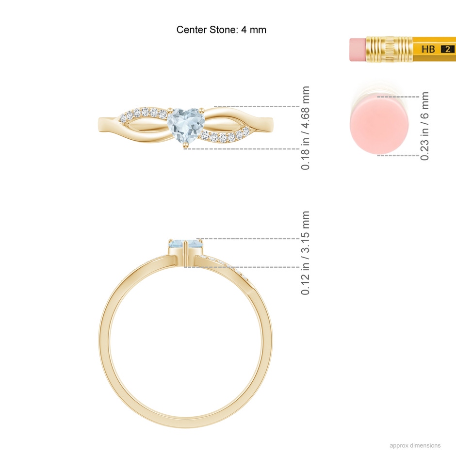 4mm A Solitaire Aquamarine Heart Promise Ring with Diamond Accents in Yellow Gold ruler