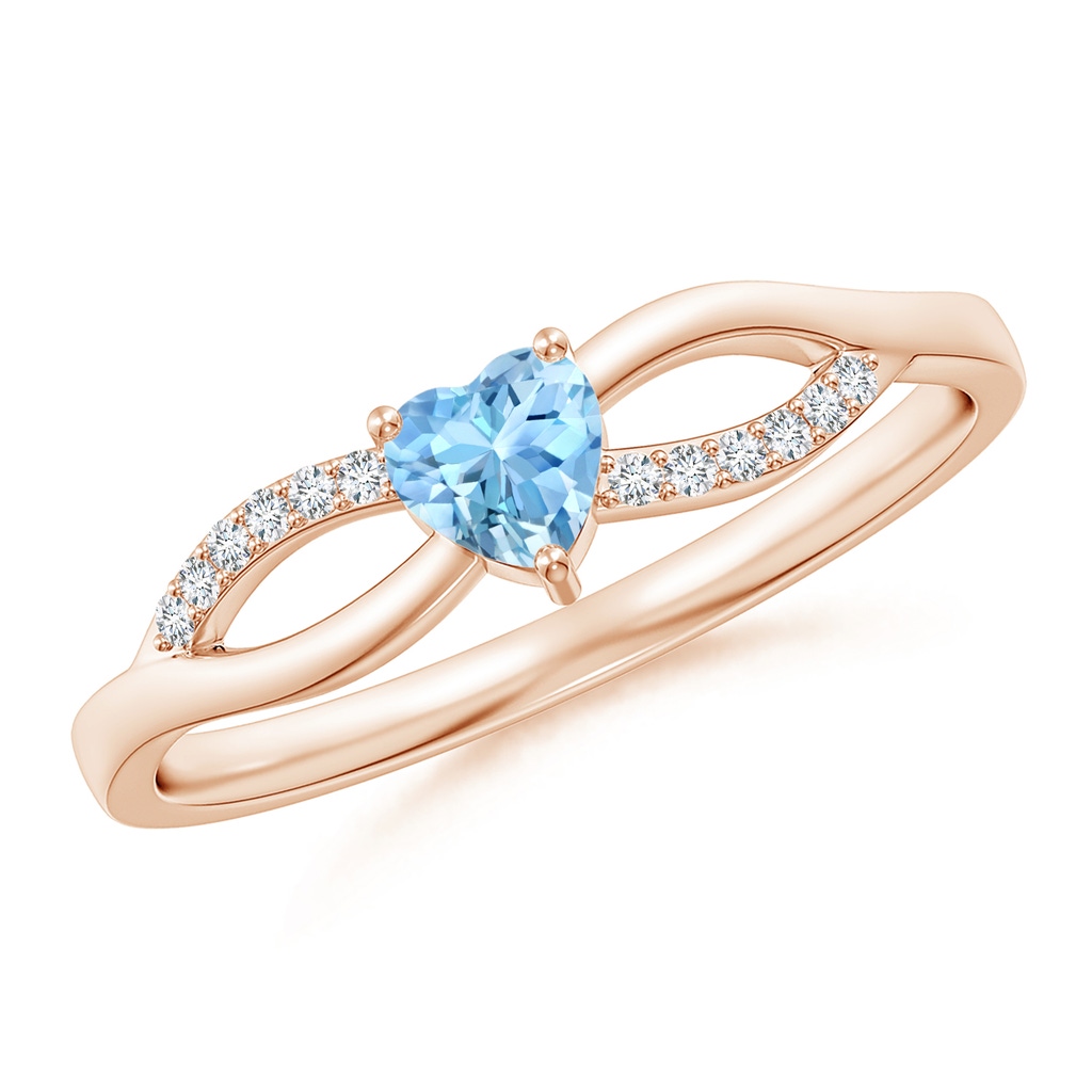 4mm AAAA Solitaire Aquamarine Heart Promise Ring with Diamond Accents in Rose Gold