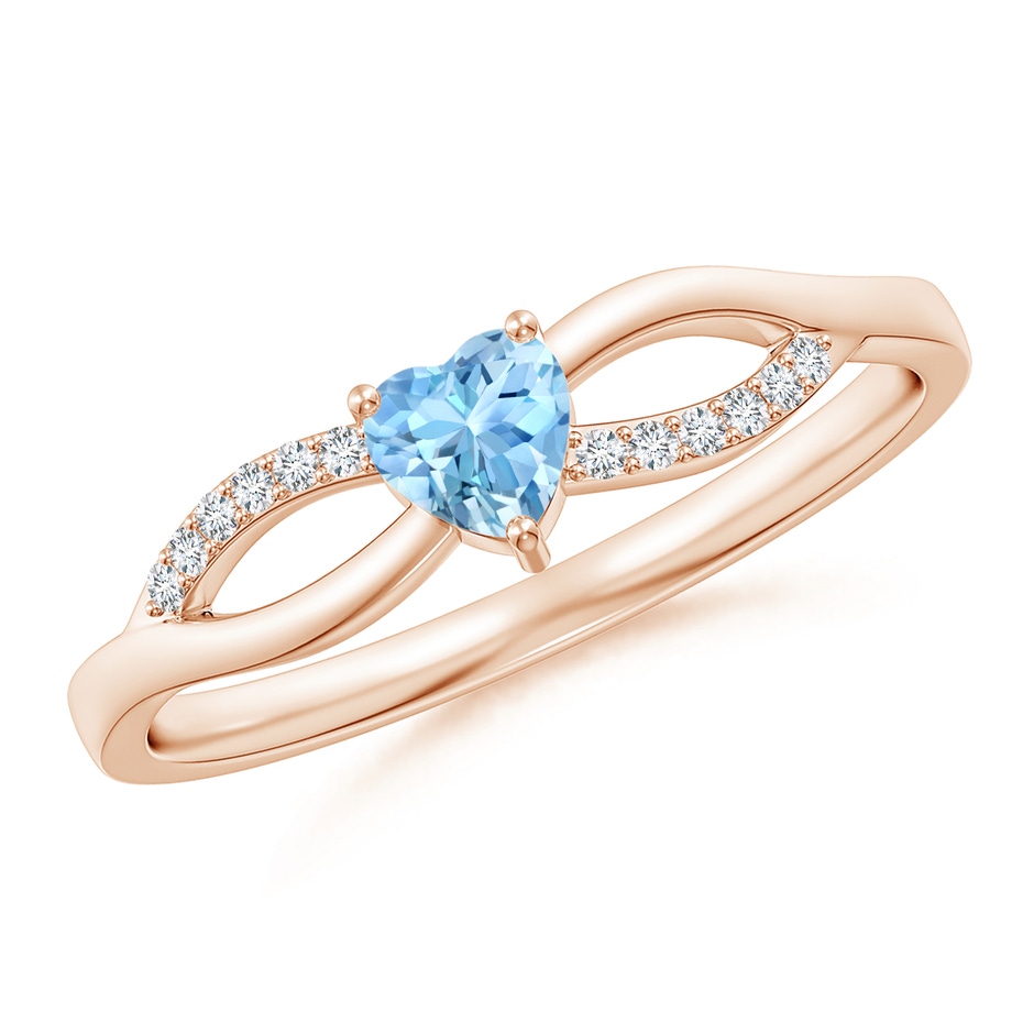 4mm AAAA Solitaire Aquamarine Heart Promise Ring with Diamond Accents in Rose Gold 