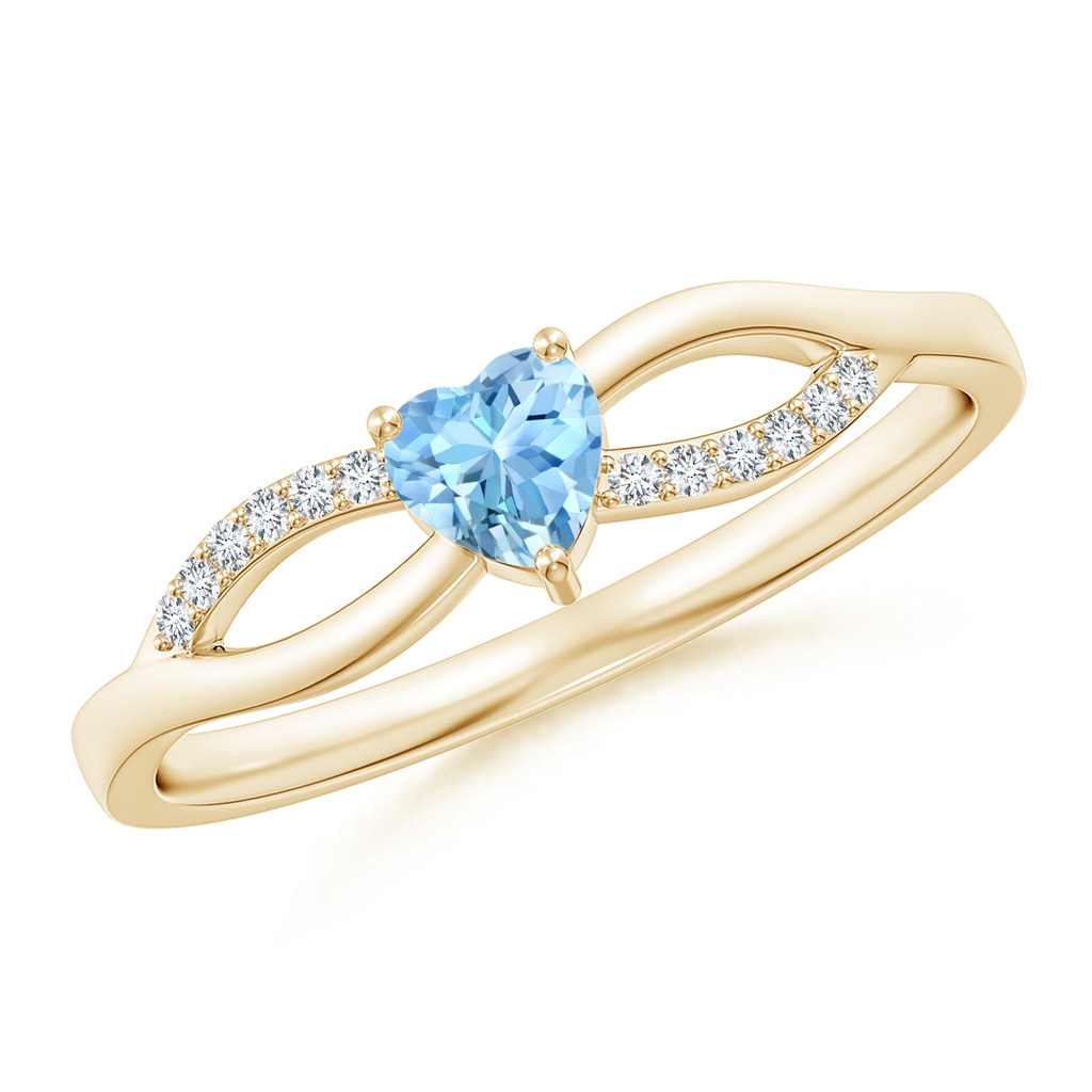 4mm AAAA Solitaire Aquamarine Heart Promise Ring with Diamond Accents in Yellow Gold