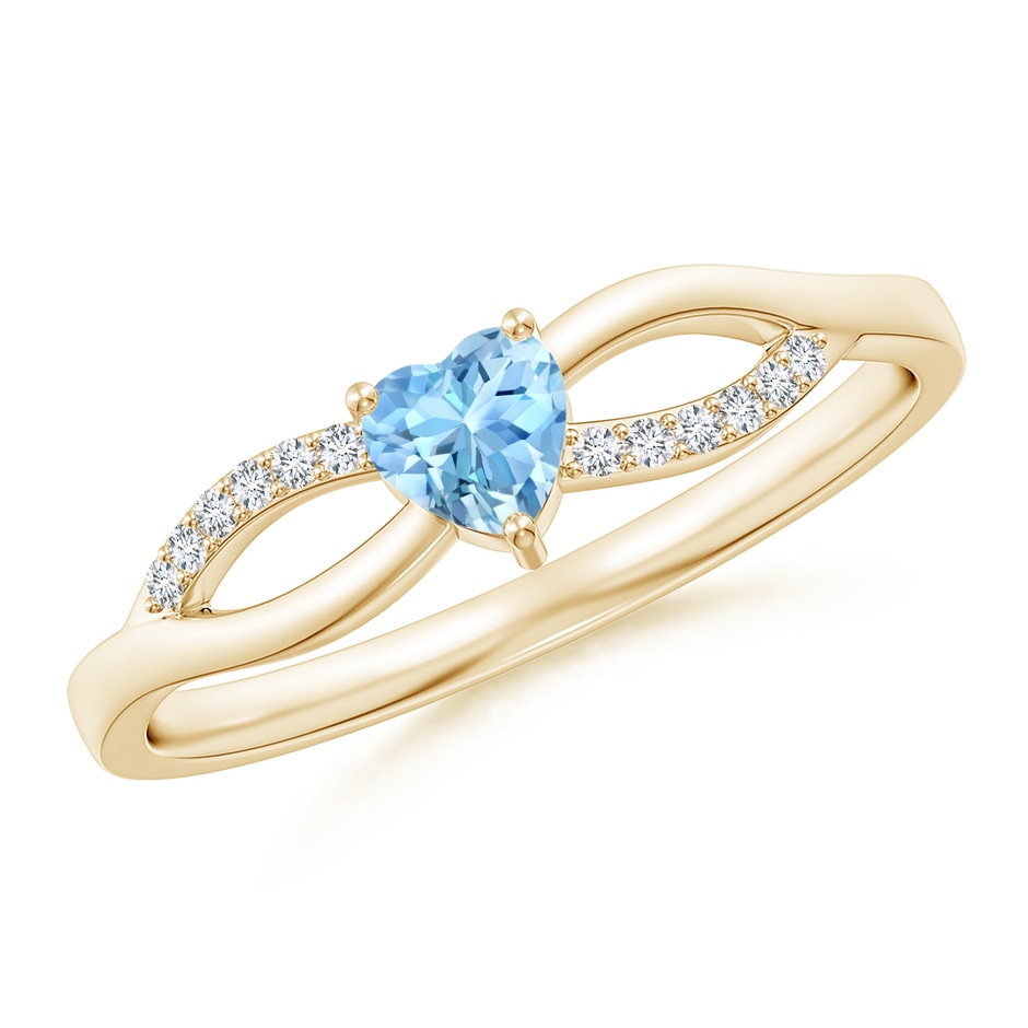 4mm AAAA Solitaire Aquamarine Heart Promise Ring with Diamond Accents in Yellow Gold 