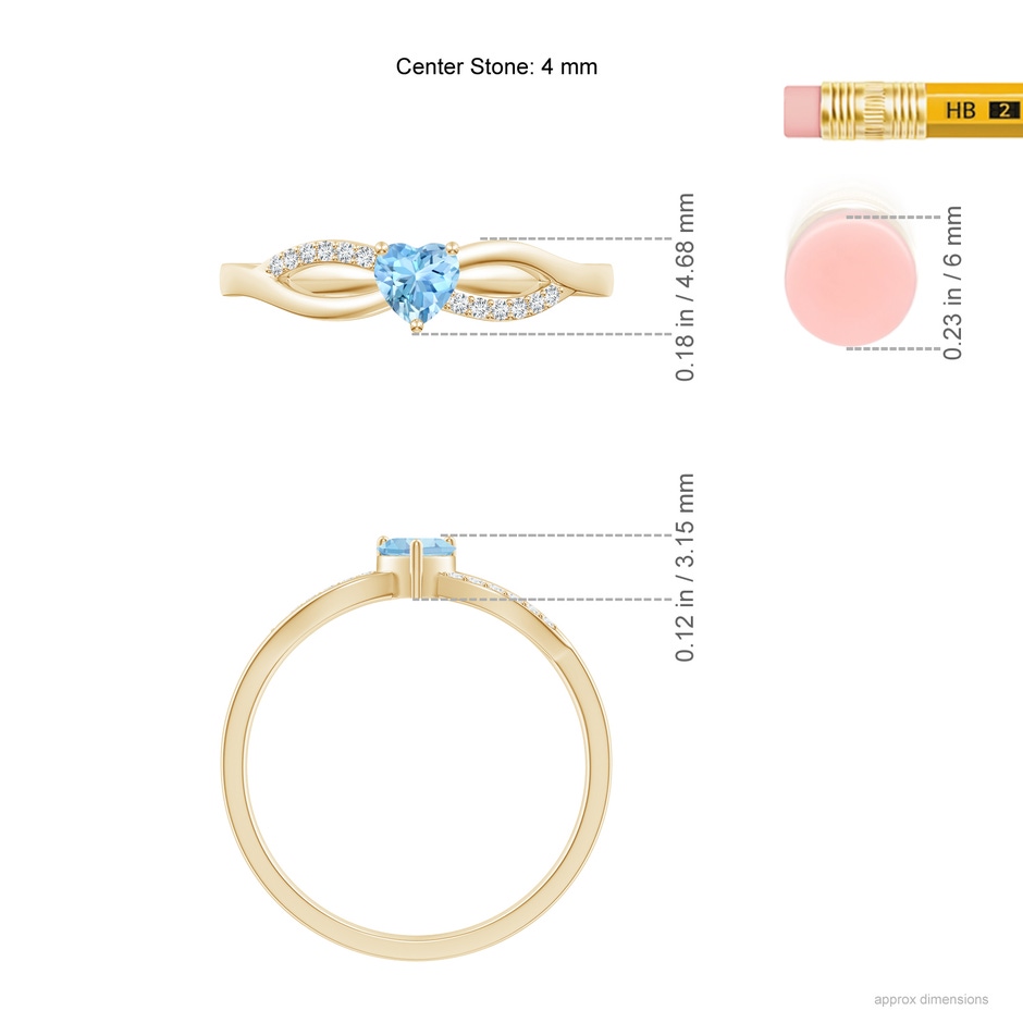 4mm AAAA Solitaire Aquamarine Heart Promise Ring with Diamond Accents in Yellow Gold ruler