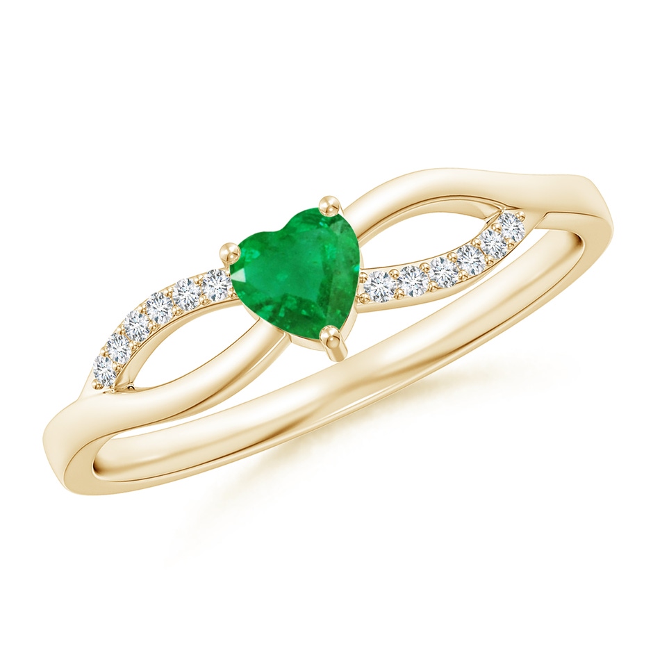 4mm AA Solitaire Emerald Heart Promise Ring with Diamond Accents in Yellow Gold 