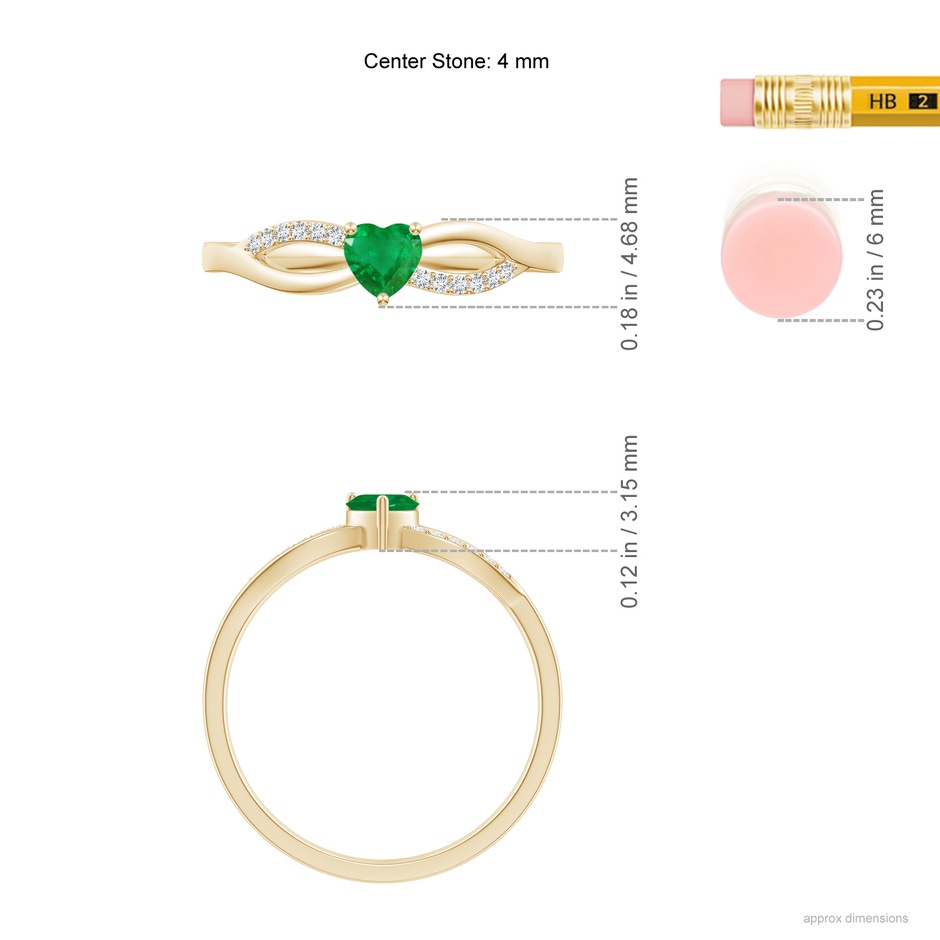 4mm AA Solitaire Emerald Heart Promise Ring with Diamond Accents in Yellow Gold ruler