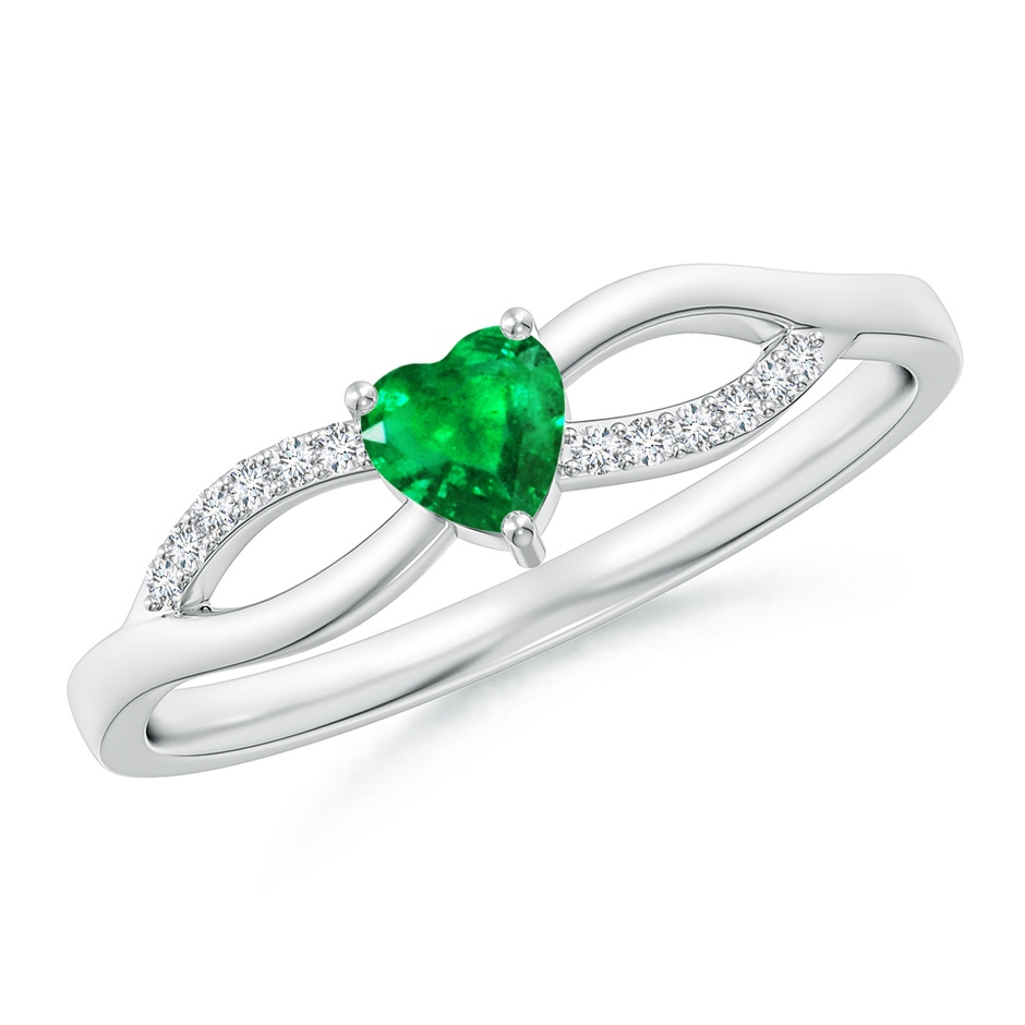 4mm AAA Solitaire Emerald Heart Promise Ring with Diamond Accents in White Gold 