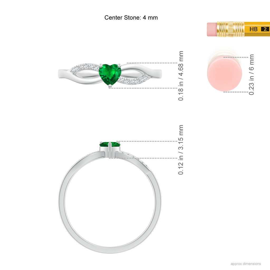 4mm AAAA Solitaire Emerald Heart Promise Ring with Diamond Accents in White Gold Ruler