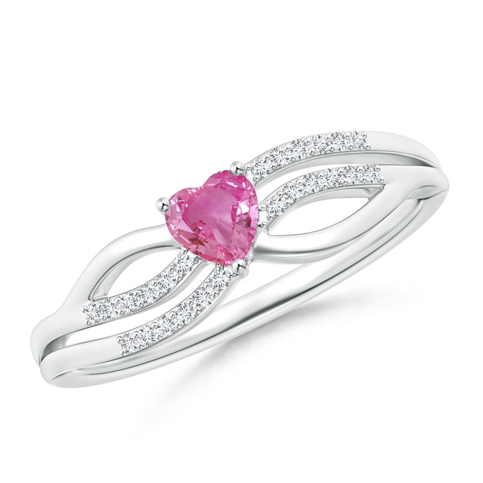 4mm AAA Solitaire Pink Sapphire Heart Promise Ring with Diamond Accents in White Gold 