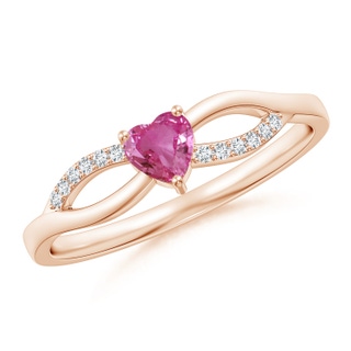 4mm AAAA Solitaire Pink Sapphire Heart Promise Ring with Diamond Accents in 18K Rose Gold
