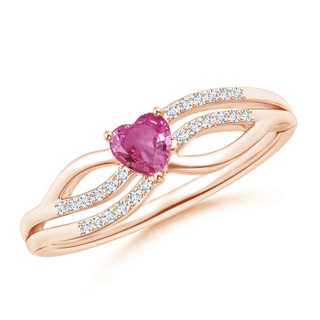 4mm AAAA Solitaire Pink Sapphire Heart Promise Ring with Diamond Accents in Rose Gold
