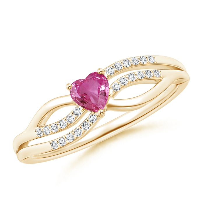 4mm AAAA Solitaire Pink Sapphire Heart Promise Ring with Diamond Accents in Yellow Gold