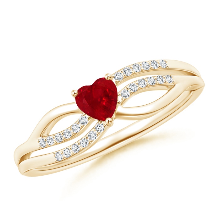 4mm AAA Solitaire Ruby Heart Promise Ring with Diamond Accents in Yellow Gold