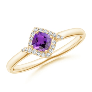 4mm AAA Cushion Amethyst and Diamond Halo Promise Ring in Yellow Gold