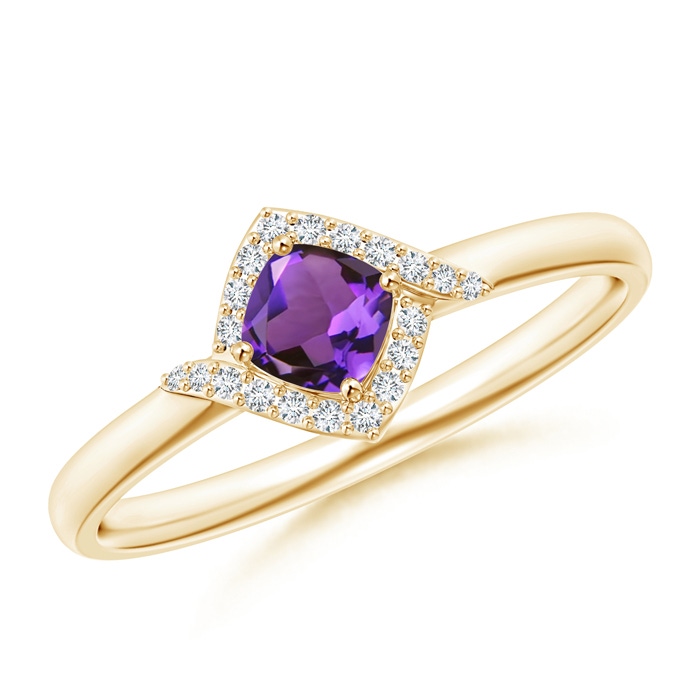 4mm AAAA Cushion Amethyst and Diamond Halo Promise Ring in Yellow Gold