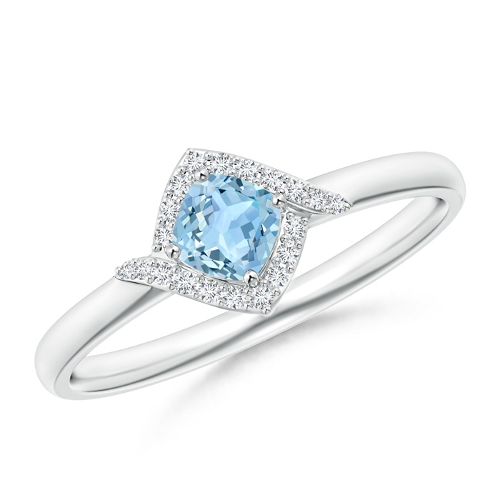 4mm AAA Cushion Aquamarine and Diamond Halo Promise Ring in S999 Silver 