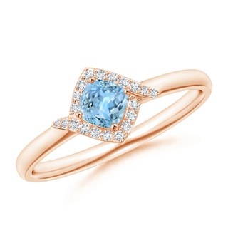 4mm AAAA Cushion Aquamarine and Diamond Halo Promise Ring in Rose Gold