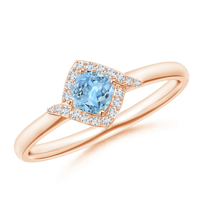 4mm AAAA Cushion Aquamarine and Diamond Halo Promise Ring in Rose Gold 