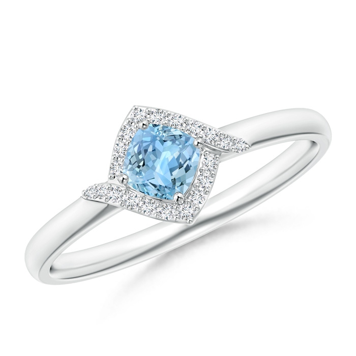 4mm AAAA Cushion Aquamarine and Diamond Halo Promise Ring in White Gold 