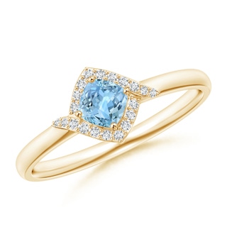 4mm AAAA Cushion Aquamarine and Diamond Halo Promise Ring in Yellow Gold