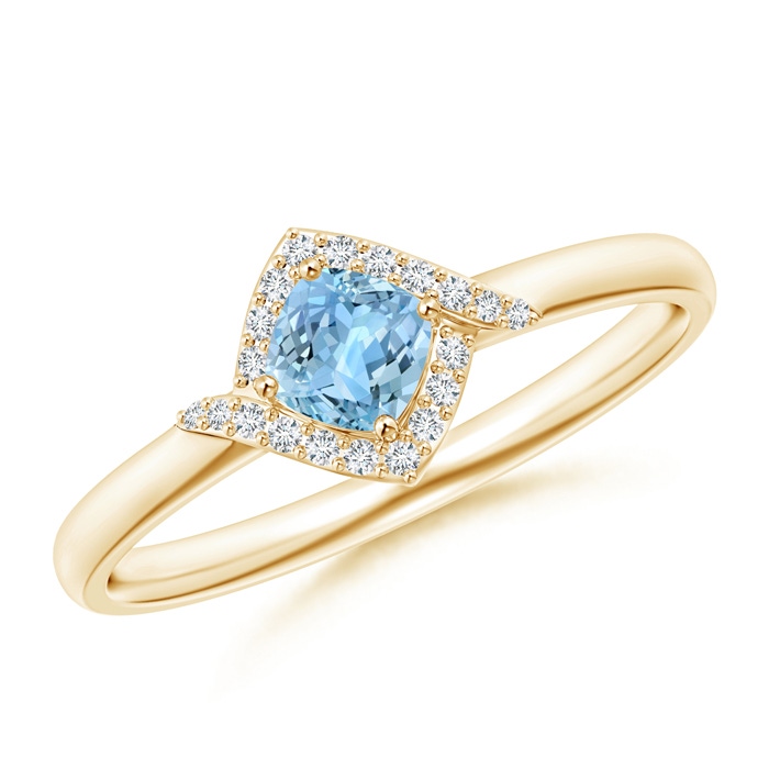 4mm AAAA Cushion Aquamarine and Diamond Halo Promise Ring in Yellow Gold 