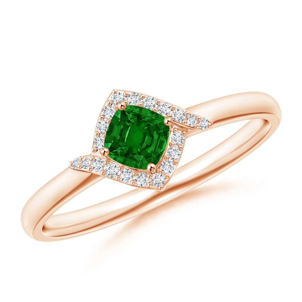 4mm AAAA Cushion Emerald and Diamond Halo Promise Ring in Rose Gold